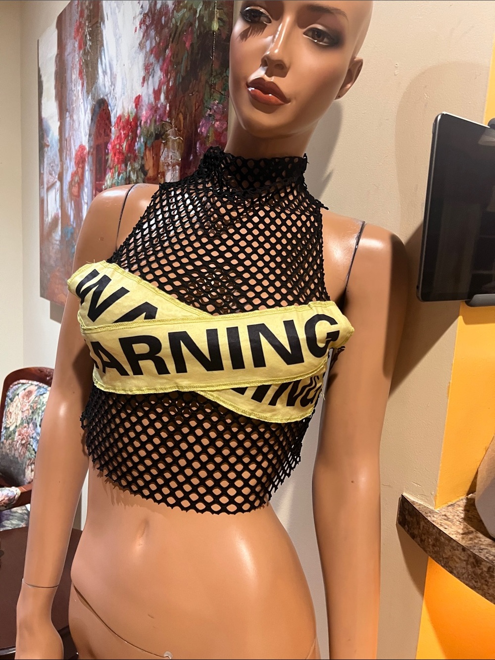 Black Fishnet Halter Crop Top with S Yellow 'Warning' Accent nwot